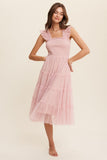 Smocked Ruffle Tiered Mesh Midi Maxi Dress- 2 Colors