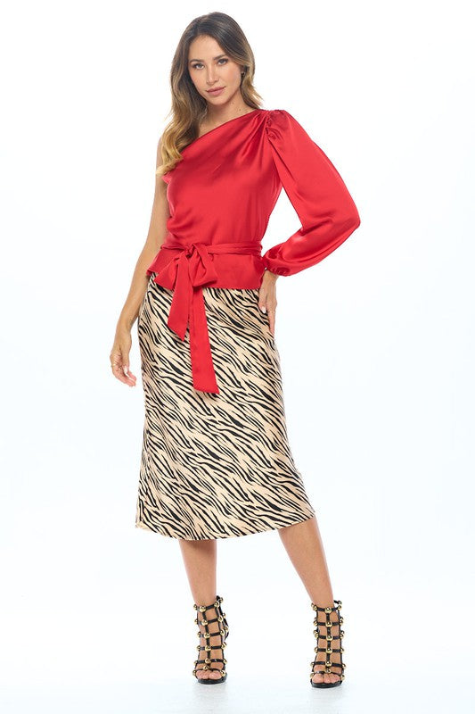 Renee C Stretch Satin One Shoulder Formal Top with Tie