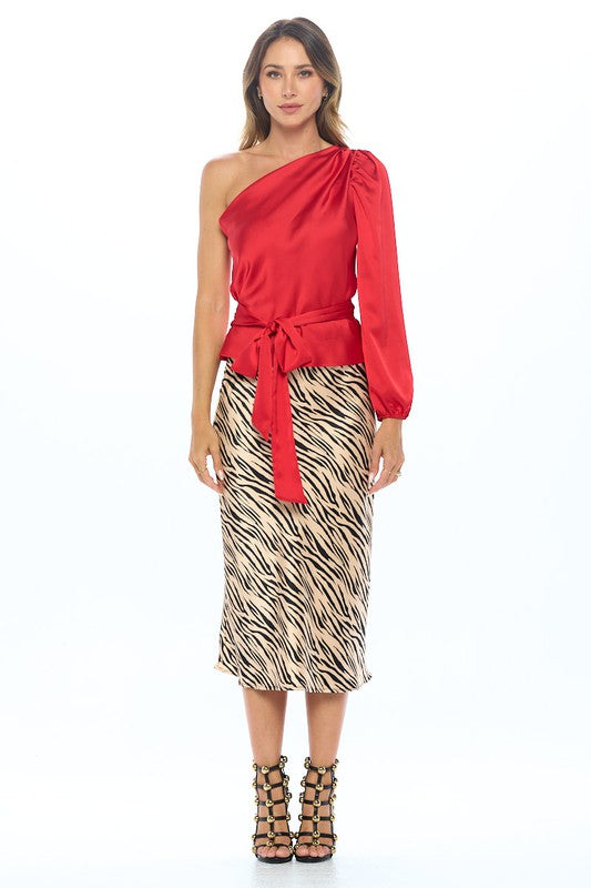 Renee C Stretch Satin One Shoulder Formal Top with Tie