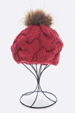 Large Fur Pom Cable Knit Beret Beanie- 7 colors