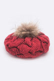 Large Fur Pom Cable Knit Beret Beanie- 7 colors