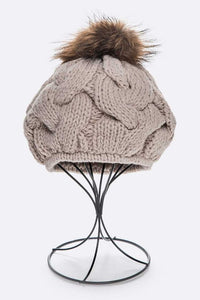 Large Fur Pom Cable Knit Beret Beanie- 7 colors