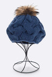 Large Fur Pom Cable Knit Beret Beanie- 7 colors