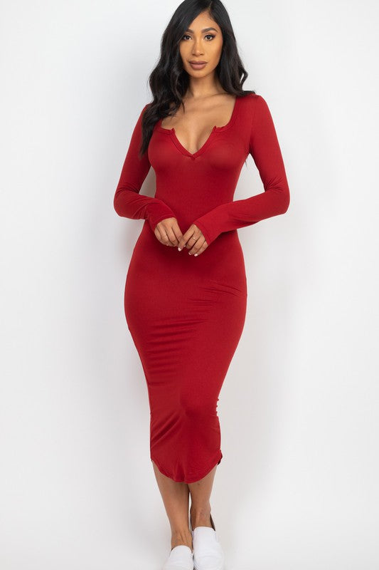 Split Neck Long Sleeve Midi Dress-10 Colors