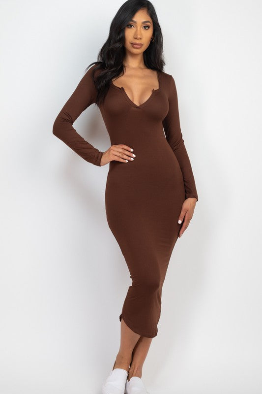 Split Neck Long Sleeve Midi Dress-10 Colors