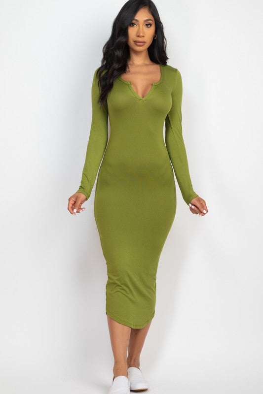 Split Neck Long Sleeve Midi Dress-10 Colors