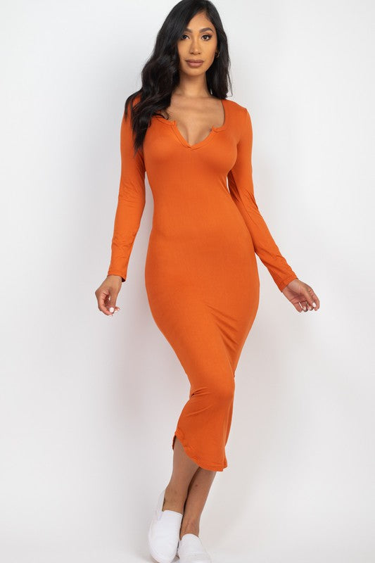 Split Neck Long Sleeve Midi Dress-10 Colors