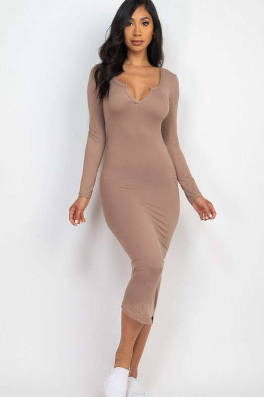 Split Neck Long Sleeve Midi Dress-10 Colors