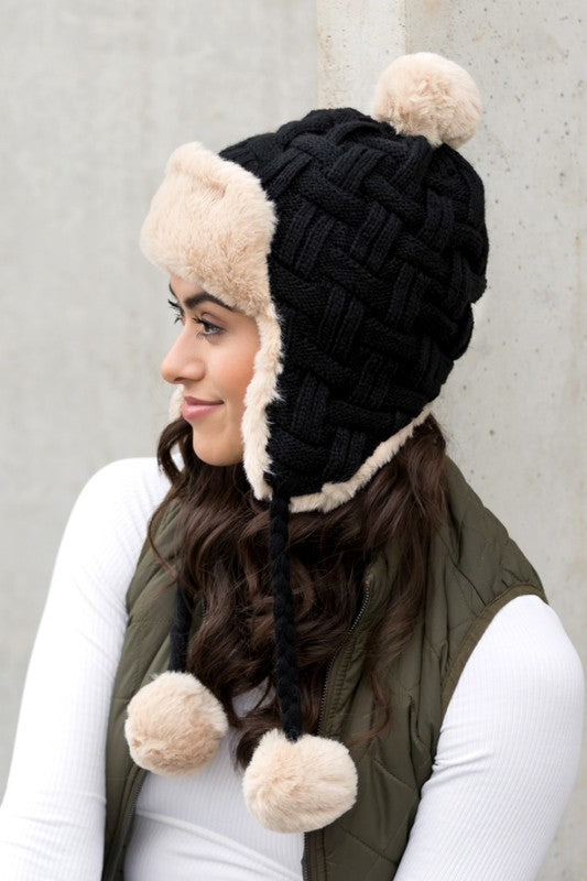 Cable Weave Pom Trapper Hat (4 Colors)