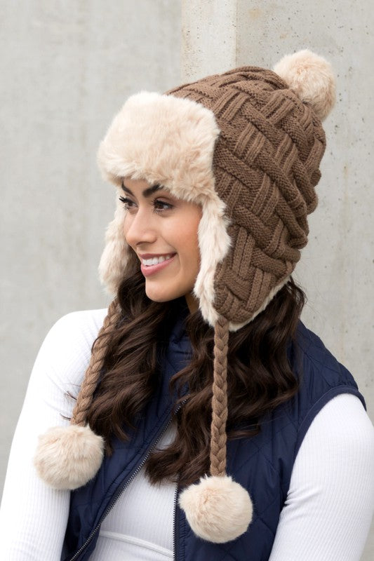 Cable Weave Pom Trapper Hat (4 Colors)