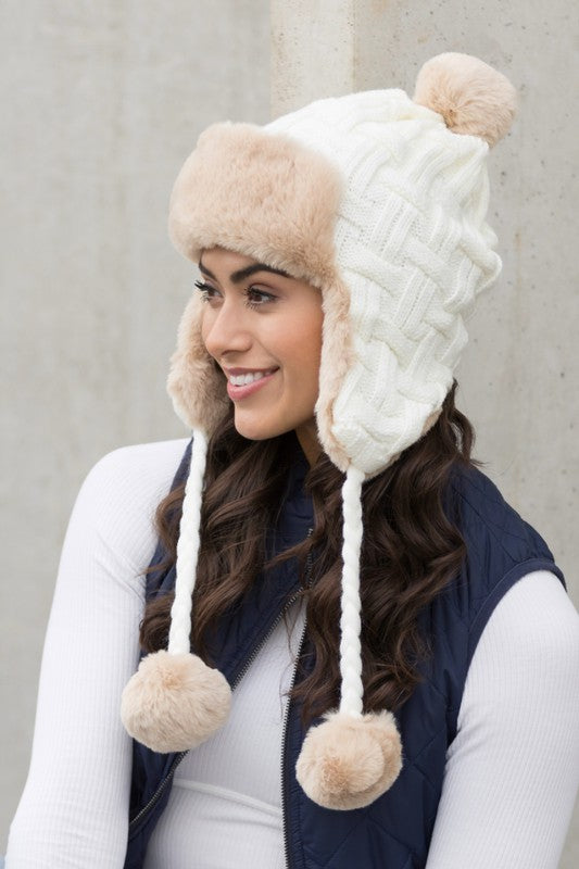 Cable Weave Pom Trapper Hat (4 Colors)