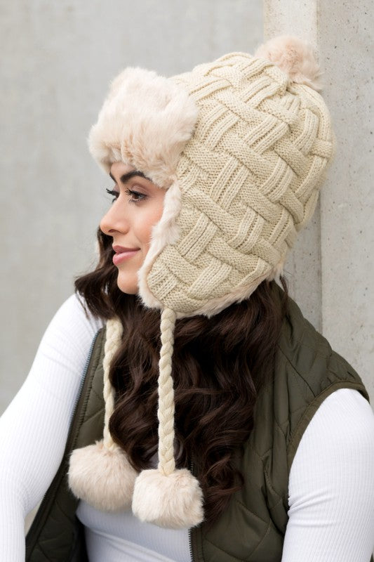Cable Weave Pom Trapper Hat (4 Colors)