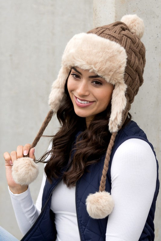 Cable Weave Pom Trapper Hat (4 Colors)