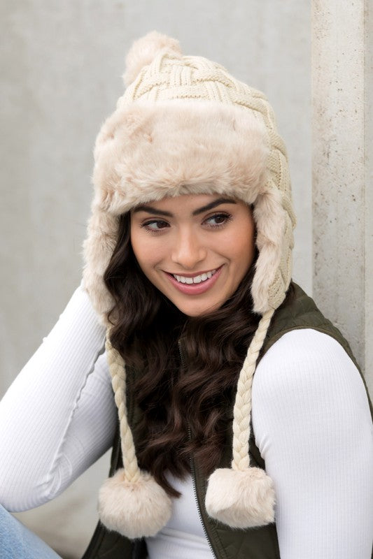 Cable Weave Pom Trapper Hat (4 Colors)