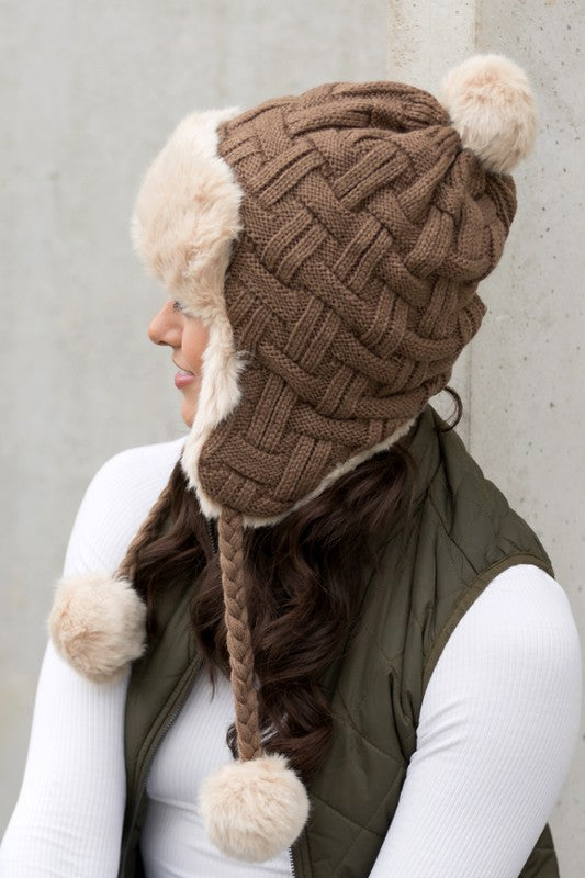 Cable Weave Pom Trapper Hat (4 Colors)