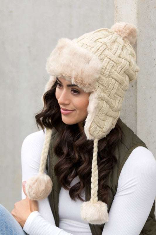 Cable Weave Pom Trapper Hat (4 Colors)