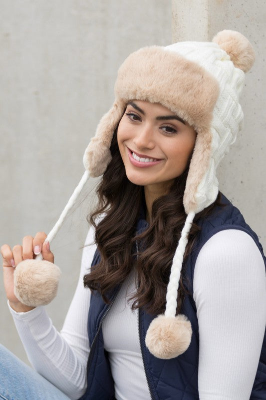 Cable Weave Pom Trapper Hat (4 Colors)