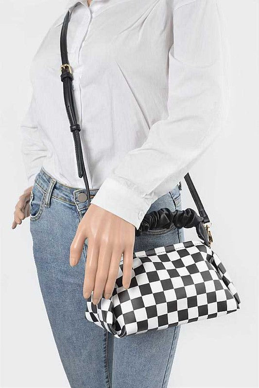 Checker Board Printed Crinkle Handle Swing Bag- 2 Colors