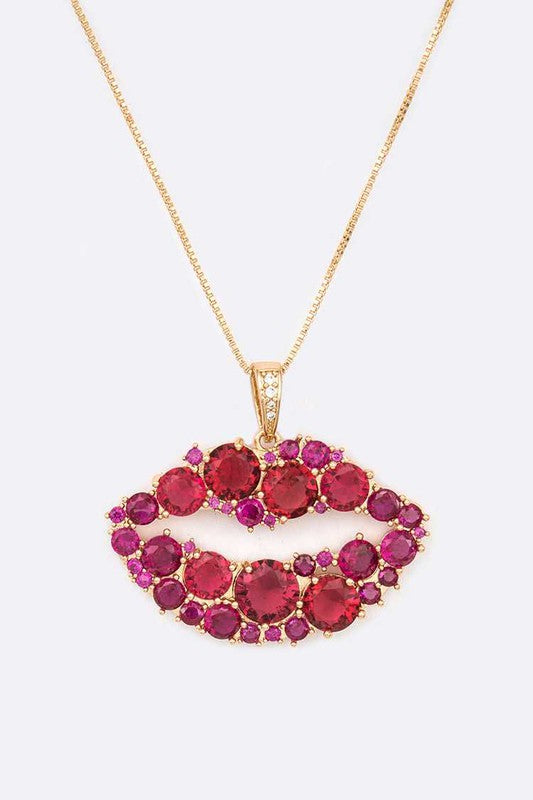Cubic Zirconia Kiss Lips Pendant Necklace-2 Colors