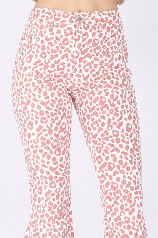 LEOPARD PRINT FLARED DENIM PANTS