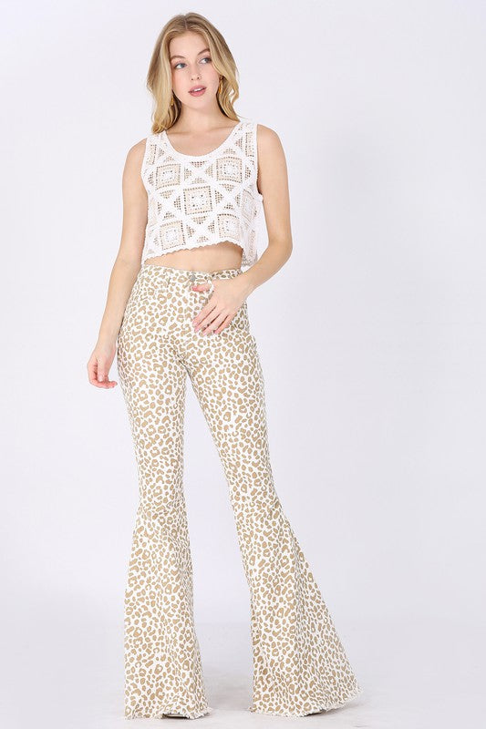 LEOPARD PRINT FLARED DENIM PANTS