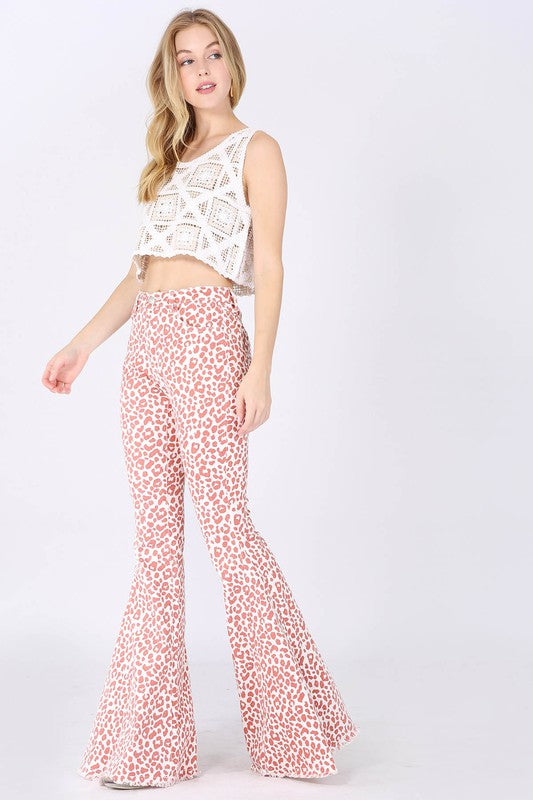 LEOPARD PRINT FLARED DENIM PANTS