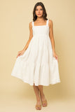 Textured Striped Smocked Back Midi White Dress