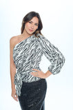 Renee C Satin Zebra Print One Shoulder Formal Top with Tie