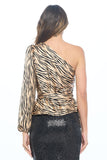 Renee C Satin Zebra Print One Shoulder Formal Top with Tie