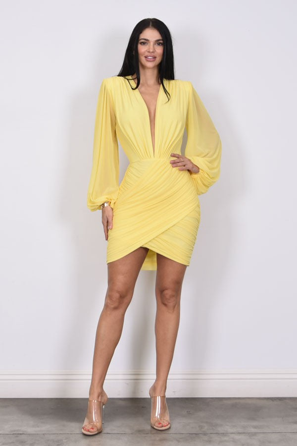 Ruched Bottom Balloon Sleeve Mini Dress- Yellow