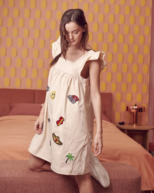 Plus Size Multi Patch Ruffled Streetwear Babydoll Mini Dress-3 Colors