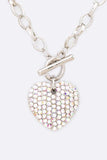 Crystal Heart Pendant Toggle Necklace Set- 3 Colors