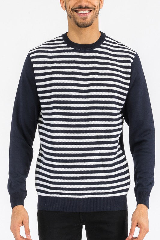 MEN'S KNITTED ROUND NECK STRIPED SWEATER-4 COLORS