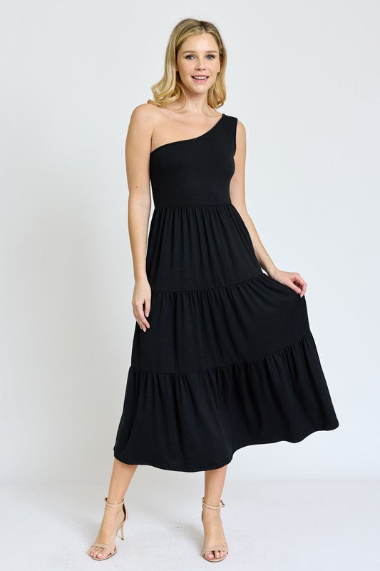 One Shoulder Ruffle Midi Dress- 4 Colors