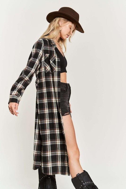 PLUS SIZE PLAID PRINT COLLAR LONG SHIRT DRESS-3 COLORS