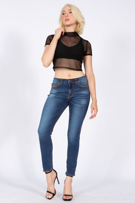 Cropped Mesh Turtleneck Top