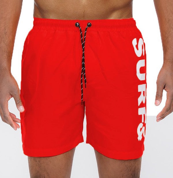 Men's Solid Lined Beach Swim Text Swim Shorts