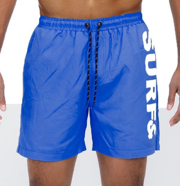 Men's Solid Lined Beach Swim Text Swim Shorts