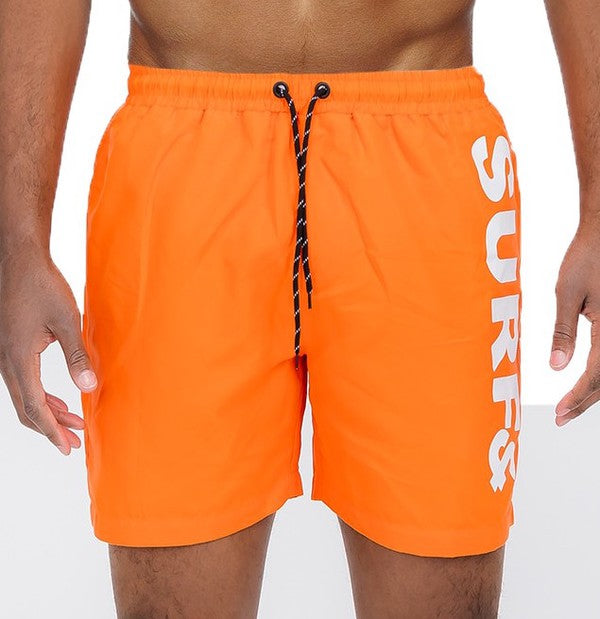 Men's Solid Lined Beach Swim Text Swim Shorts