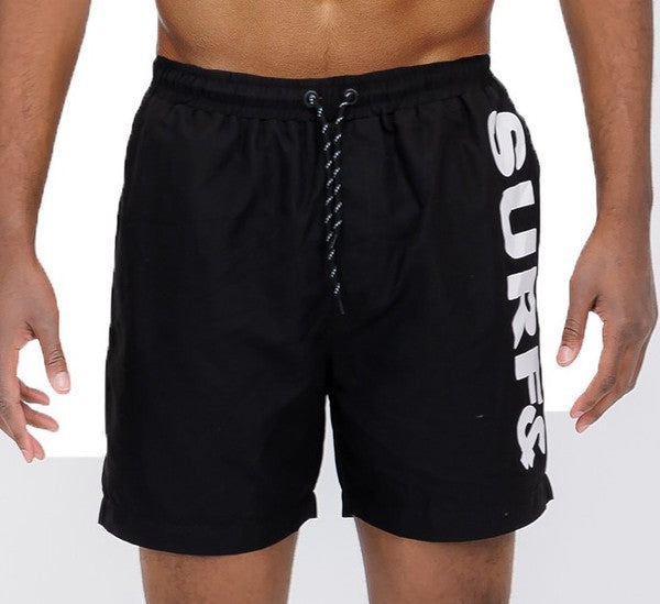 Men's Solid Lined Beach Swim Text Swim Shorts