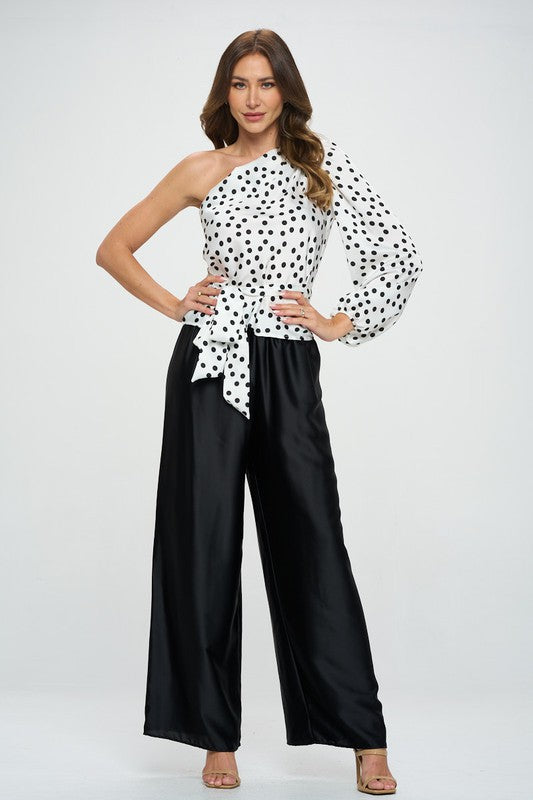 Renee C Polka Dot One Shoulder Formal Top with Tie