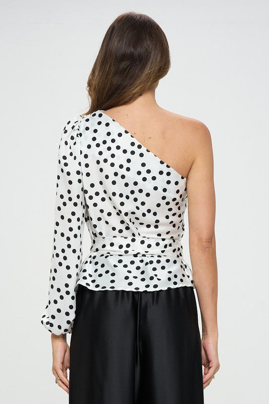 Renee C Polka Dot One Shoulder Formal Top with Tie