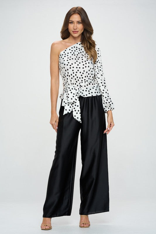 Renee C Polka Dot One Shoulder Formal Top with Tie