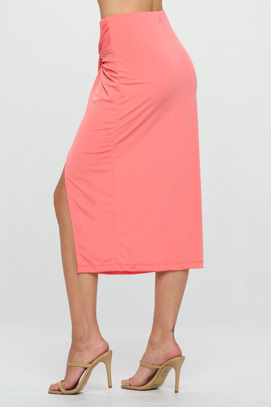 Renee C Made in USA Midi Skirt with Front Knot and Slit