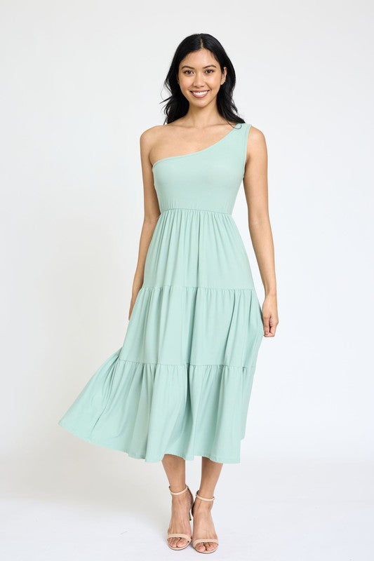 One Shoulder Ruffle Midi Dress- 4 Colors