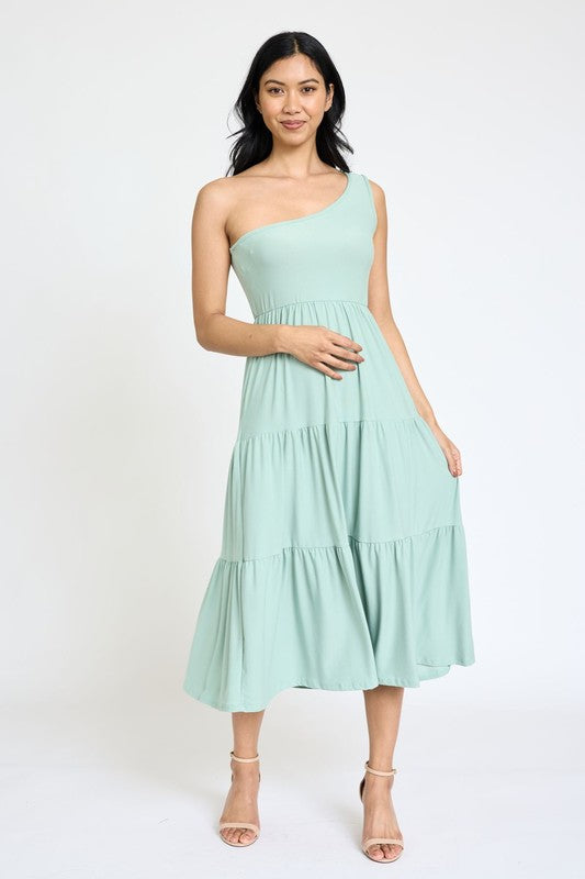 One Shoulder Ruffle Midi Dress- 4 Colors