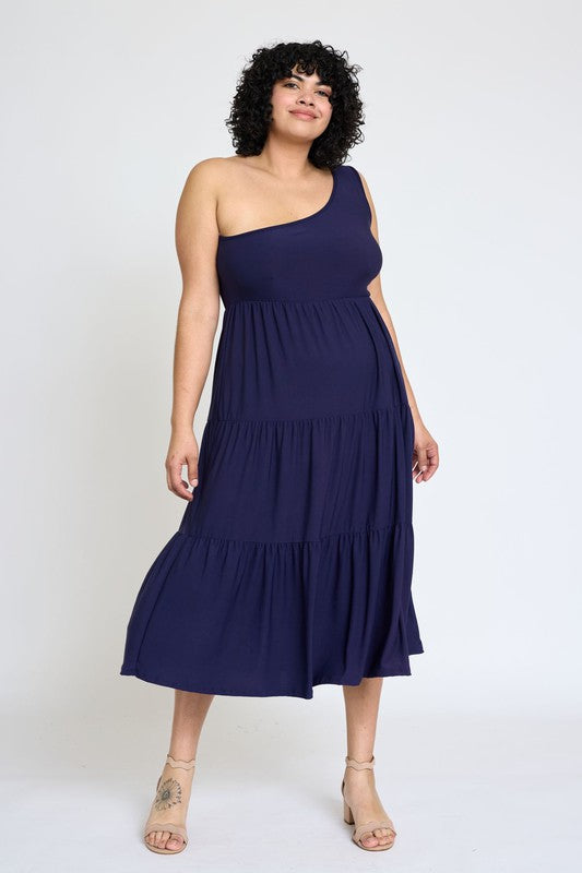 One Shoulder Ruffle Midi Dress- 4 Colors