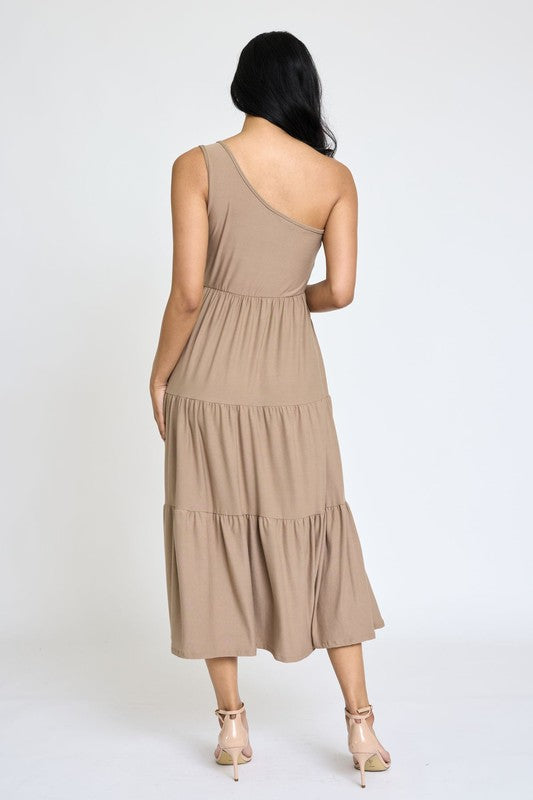 One Shoulder Ruffle Midi Dress- 4 Colors