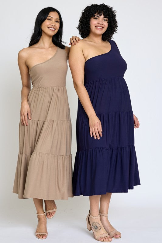 One Shoulder Ruffle Midi Dress- 4 Colors