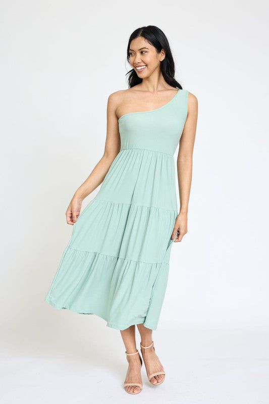 One Shoulder Ruffle Midi Dress- 4 Colors